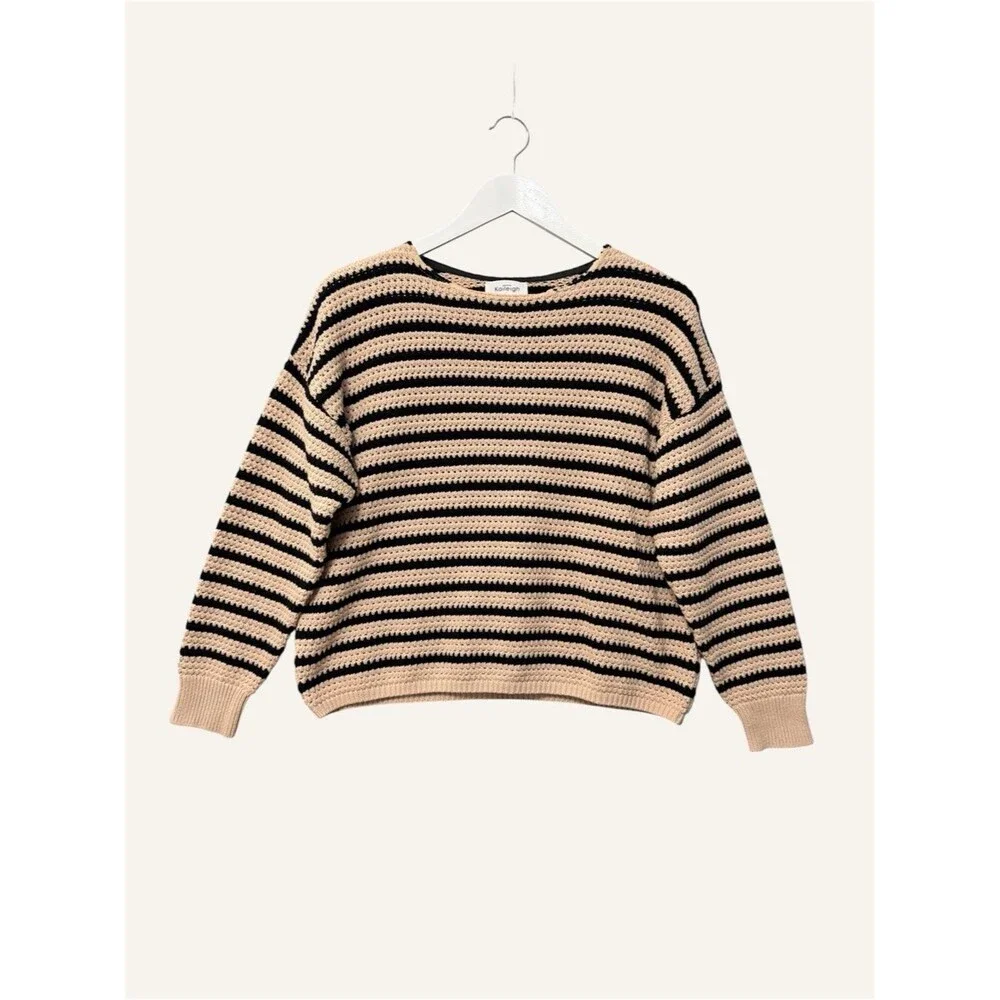 Kaileigh Striped Crochet Sweater Size Small Black Tan 100% Cotton Boxy Fit